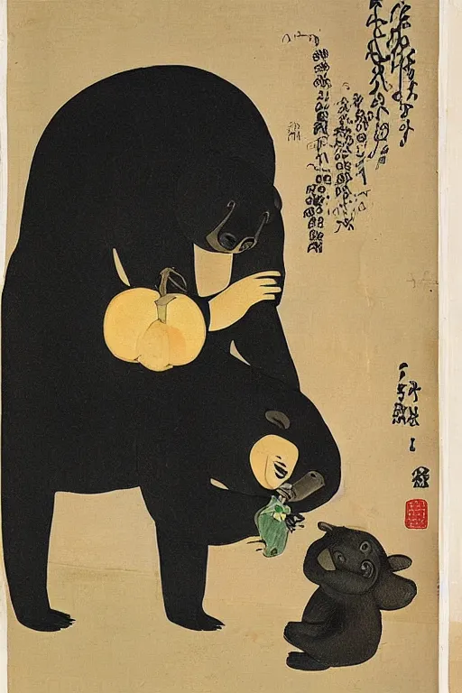 Image similar to a girl with a peach in her hands stands beside an anthropomorphic black bear, offering the peach to the bear. in the style of foujita tsuguharu