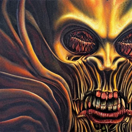 Image similar to the devil, hyperrealistic oil panting, disturing, highly detailed, shaded lightning, inspired by hr giger