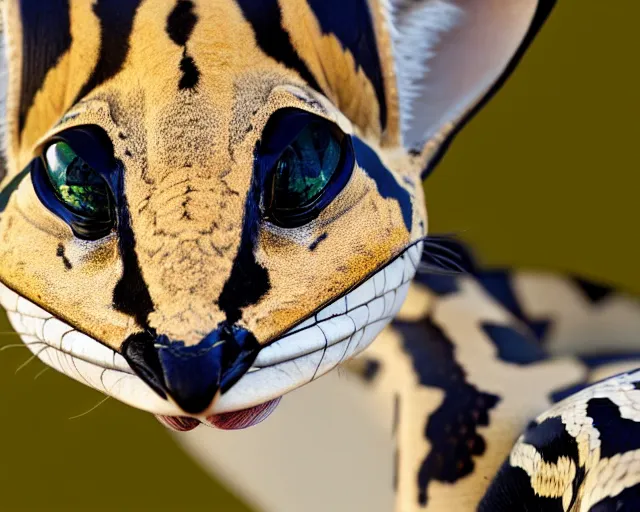 Prompt: an award winning photo of a serval - headed ball python, environmental portrait photography, national geographic, 4 k, sharp focus