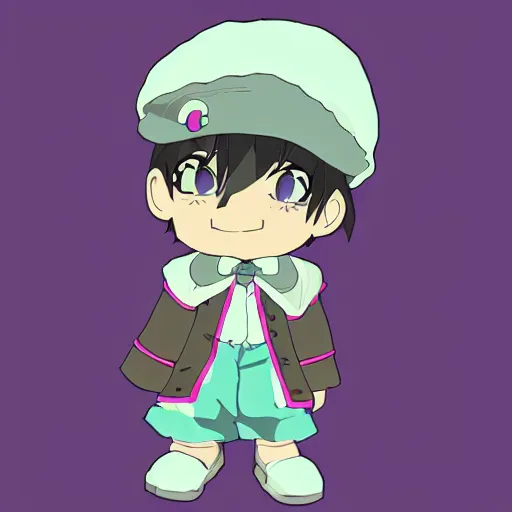 Image similar to cute little boy wearing an sailor suit, purple color palette, inspired in made in abyss and hirohiko araki, ray tracing