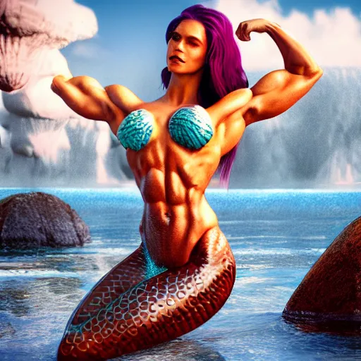 Prompt: mermaid bodybuilder, 4 k, trending on artstation, artstationhd, artstationhq, octane render, super detail