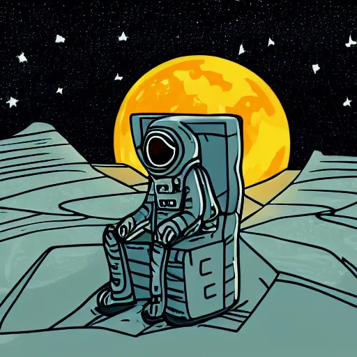 Prompt: a lonely astronaut sitting on vacant planet in the style of flooko, acrylic art, ambient lighting, neon, vector art, detailed, bleak, gloomy, dismal, sad, pale, tired, somber, art, moonlight,