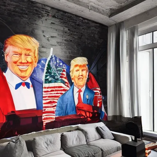 Image similar to mural of Donald Trump on the wall of a modern loft, beautiful architecture, popular interior design style