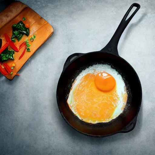 Image similar to a frying pan cooking a dinosaur egg. food magazine photograph.