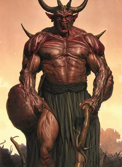 Image similar to horned humanoid with huge veined muscular arms wearing coloured medieval costume, fluid, smooth, organic, crazy, high contrast, sharpness, dramatic, by greg rutkowski and siudmak and richard corben and moebius