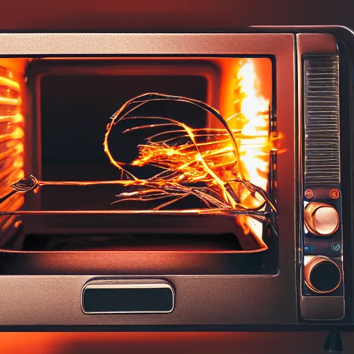 Image similar to toaster oven shangig by metallic cables, symmetry, dark messy smoke - filled cluttered workshop, dark, dramatic lighting, orange tint, sparks, cinematic, highly detailed, sci - fi, futuristic, movie still