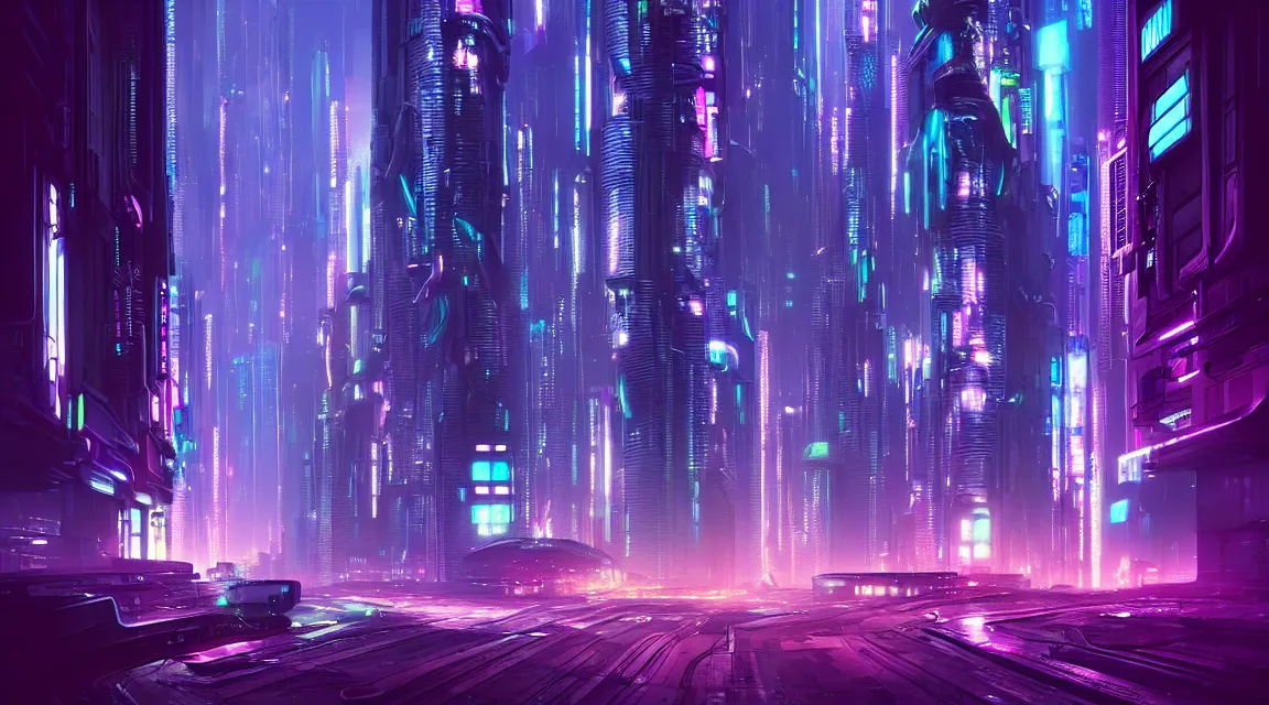 Prompt: street view of futuristic cyberpunk city at night with neon lights, cyberpunk art by stephan martiniere, cgsociety, ring towers, line art, retrofuturism, retrowave, cityscape, futuristic, zaha hadid, beeple