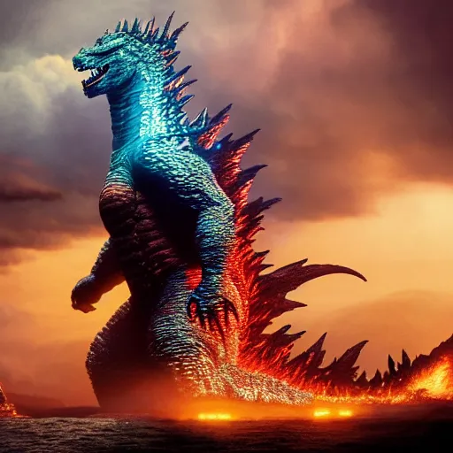 Image similar to godzilla, majestic, breathtaking, lightining in background, ultrafine hyperrealistic detailed illustration by kim jung gi, irakli nadar, intricate linework, sharp focus, bright colors, matte, film still from godzilla king of monsters, final fantasy, unreal engine highly rendered, 8 k, global illumination, radiant light, intricate environment