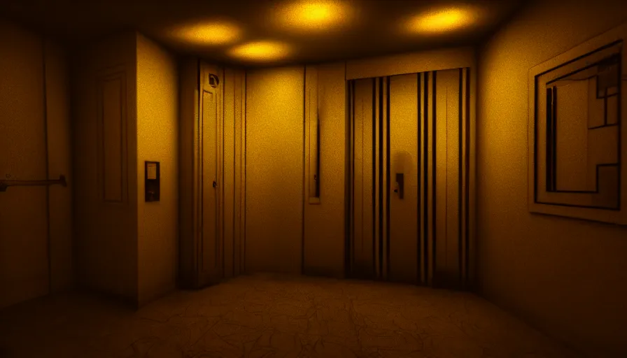 Image similar to Creepy Elevator, Volumetric Lighting, Anamorpic Lens, Cinematic Lighting, Hyperrealistic Rendering, Hyperdetailed, Intricate Details, Dynamic Lights, Raytracing