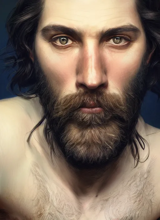 Prompt: close up portrait painting of a bearded rockstar, back and rim lighting, ultra realistic, concept art, intricate details, serious, highly detailed, photorealistic, octane render, 8 k, unreal engine. art by artgerm and greg rutkowski and alphonse mucha