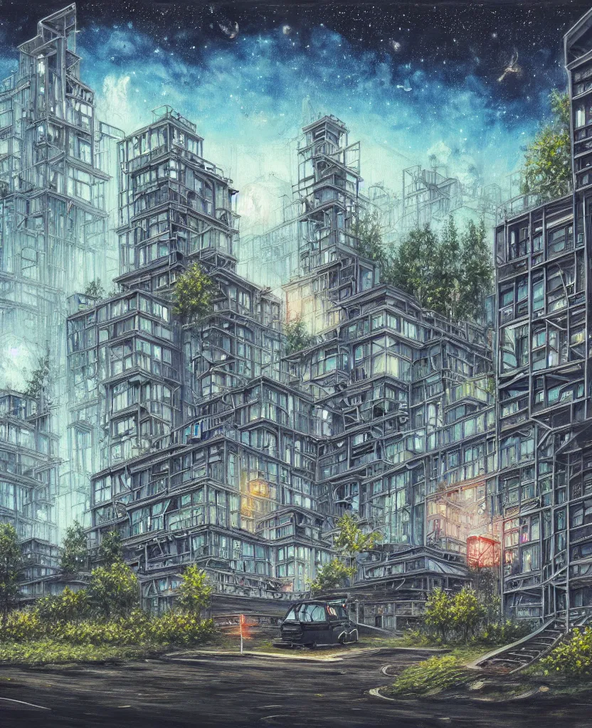 Prompt: a beautiful detailed painting of city building tiny home urbex industrial architecture unfinished building architecture nature abandoned by philip johnson, galactic gem liberty city nightsky poppy lightpaint futuristic, archdaily, wallpaper, highly detailed, trending on artstation.