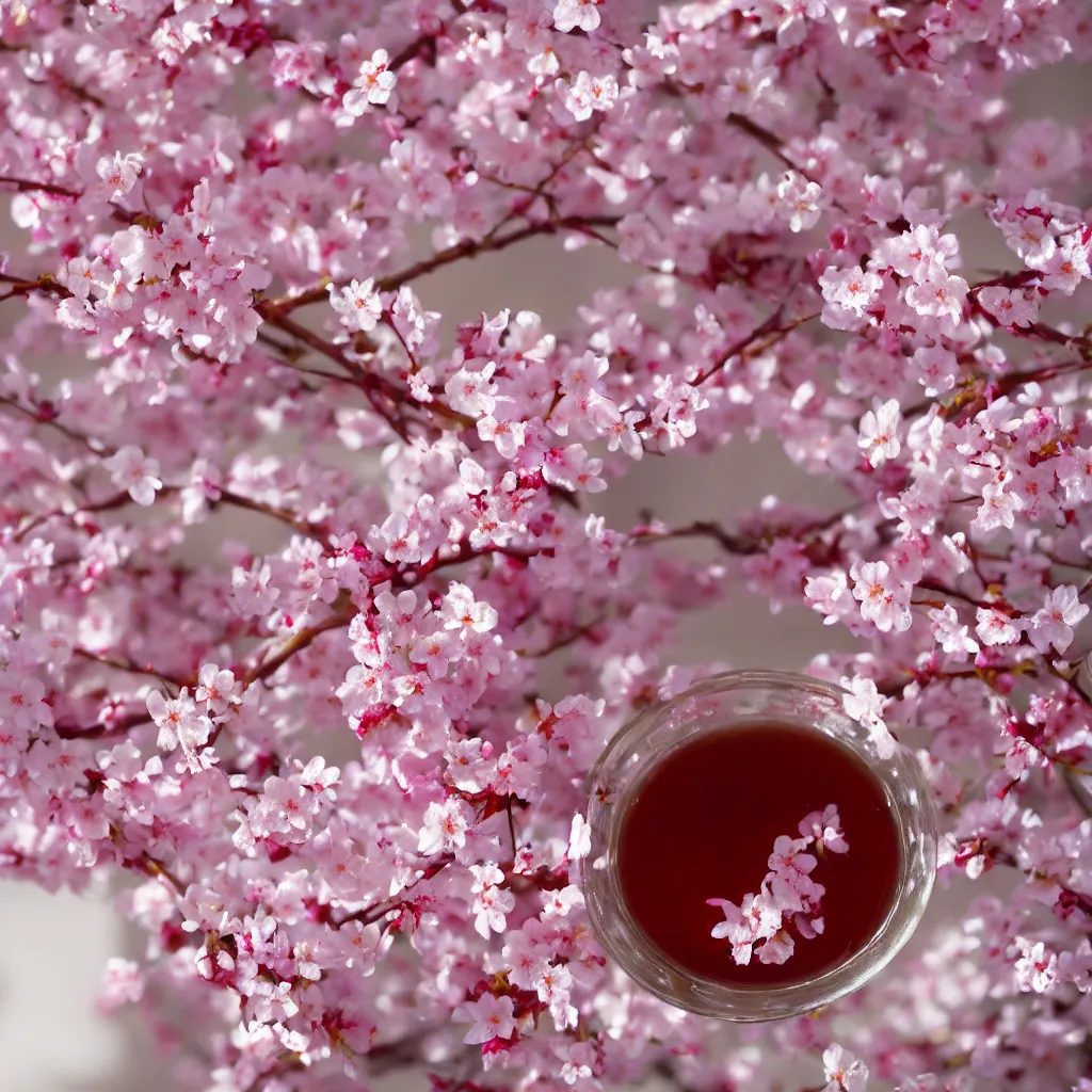 Image similar to photo of sakura cherry blossom tea, beautiful, high detail, recipe, cinematic