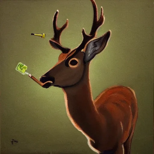 Prompt: deer with a cigarette in its mouth and thick smoke coming out of the cigarette, very detailed, thick paint, expressive, brown and green palette, rule of thirds, dripping paint, thick strokes