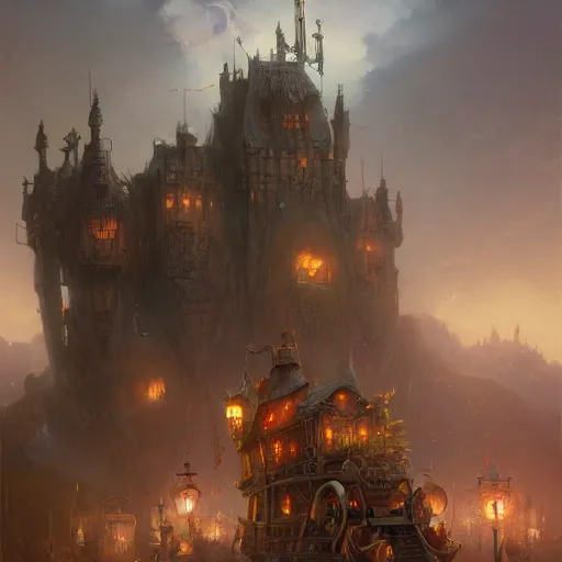 Prompt: a moving library, by greg rutkowski e thomas kinkade, fantasy, howl castle, d & d, very detailed, high definition, realistic painting, character design, trending on artstation