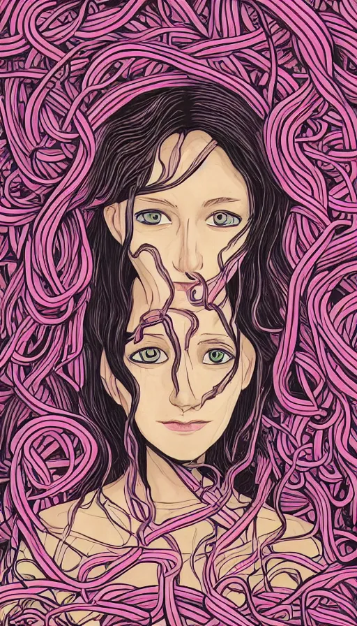 Prompt: very detailed portrait of a 2 0 years old girl surrounded by tentacles, the youg woman visage is blooming from fractal and vines, by rebecca sugar