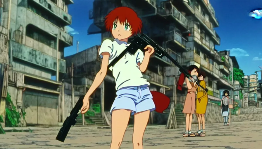 Image similar to 1 9 8 6 anime screencap of a girl with a gun on a rio de janeiro anime, by hayao miyazaki, studio ghibli, beautiful favela background extremely utra high quality artwork 8 k