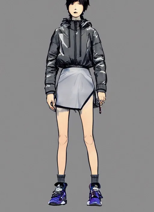 Prompt: a yoji shinkawa full body sketch of a tennis player girl wearing a puffy japanese inspired anorak designed by balenciaga, and short holographic skirt and yeezy 5 0 0 sneakers