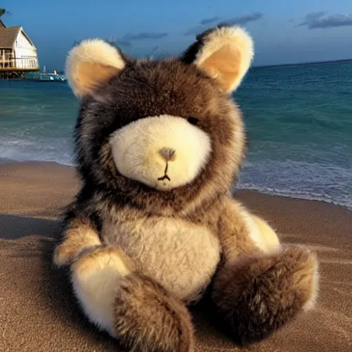 Image similar to an adorable fierce furry monster that looks like a very chubby wolf rabbit ears and teddy bear body, Smiling at the camera with a mischievous grin, happy lighting, at a tropical beach