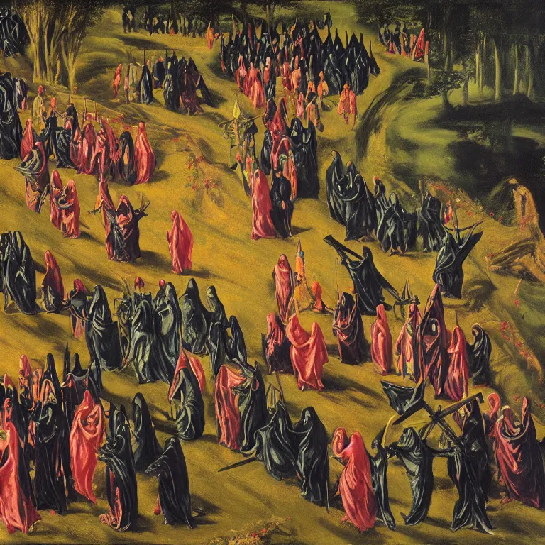 Prompt: A Holy Week procession of grim reapers in a lush Spanish landscape at night. A hooded figure at the front holds a cross. Technicolor. Colourful. Vibrant colors. El Greco, Remedios Varo, Salvador Dalí, Zdzisław Beksiński,Carl Gustav Carus, Edward Hopper.