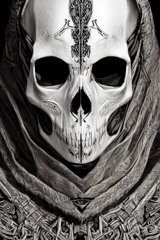 Prompt: hyper realistic digital art portrait of a villain wearing white bird skull mask, and high tech intricate armor and a black cloak.