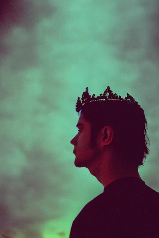 Image similar to agfa vista 4 0 0 close up photograph of a guy wearing an intricate gothic crown, back view, synth vibe, vaporwave colors, lens flare, moody lighting, moody vibe, telephoto, 9 0 s vibe, blurry background, grain, tranquil, calm, faded!,