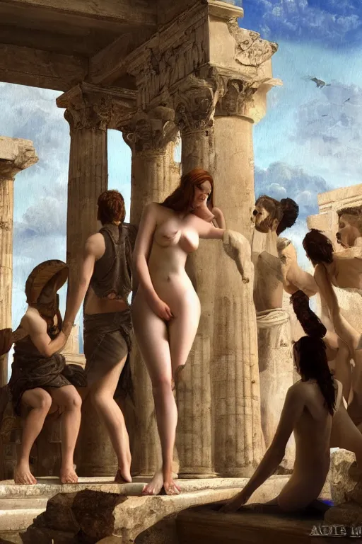 Image similar to stoya visits ancient athens, oil on canvas, intricate, 8 k highly professionally detailed, hdr, cgsociety