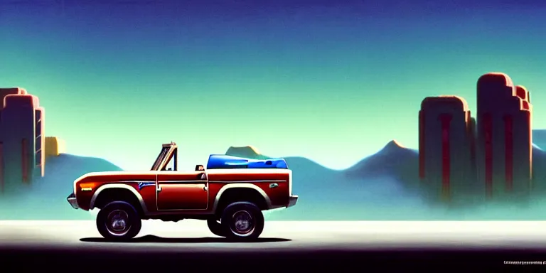 Image similar to a cinematic keyframe matte painting of a sleek 1 9 7 0 s vaporwave concept vehicle retro - futurism sci - fi sky blue 2 0 2 4 ford bronco car in an open garage in the colorado, view from the street. in the moonlight. rocky mountains. by eric lafforgue, glennray tutor and edward hopper, greg rutkowski. trending on artstation.