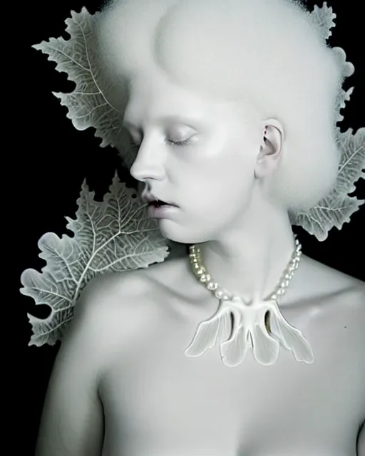 Image similar to dreamy foggy soft luminous bw art photo, beautiful young spiritual albino angelic cyborg biomechanical mandelbrot fractal porcelain profile face, very long neck, halo, white smoke atmosphere, rim light, big leaves and stems, fine foliage lace, alexander mcqueen, art nouveau fashion pearl embroidered collar, steampunk, elegant