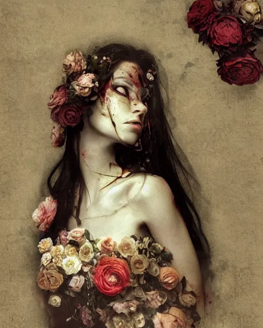 Image similar to a beautiful and eerie baroque painting of a beautiful but serious woman in layers of fear, with haunted eyes and dark hair piled on her head, 1 9 7 0 s, seventies, floral wallpaper, wilted flowers, a little blood, morning light showing injuries, delicate ex embellishments, painterly, offset printing technique