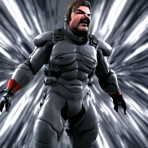 Image similar to Jack Black as a Metal Gear Solid Villain 2005 JRPG cinema 4d render, Ray tracing reflection, natural lighting, Unreal Engine award winning photography