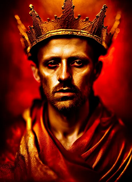 Image similar to 'Portrait of Crowned King Arthur' by Lee Jeffries royally decorated, whirling plasma, atmospheric motes, red and gold Sumptuous garb, gilt silk fabric, radiant colors, fantasy, perfect lighting, studio lit, micro details,