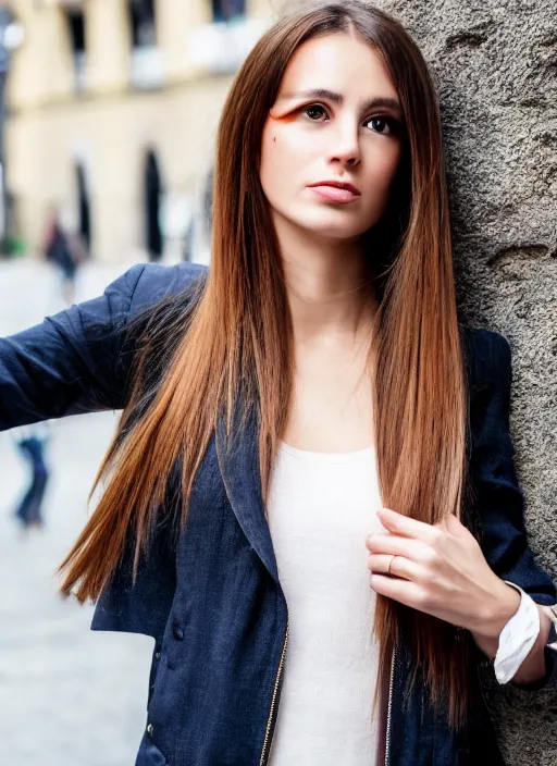 Prompt: color realistic Close-up portrait of a beautiful, stylish, 30-year-old French woman street background, with long, straight hair, street portrait in the style of Mario Testino 50mm