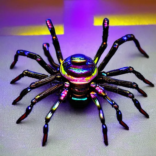 Prompt: giant iridescent robot spider