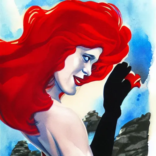 Prompt: black and red watercolor painting of little mermaid from disney by alex ross