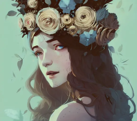 Image similar to portrait of forest godess with flower crown, by atey ghailan, by greg rutkowski, by greg tocchini, by james gilleard, by joe fenton, by kaethe butcher, by ashley wood, dynamic lighting, gradient light blue, brown, blonde cream and white color scheme, grunge aesthetic