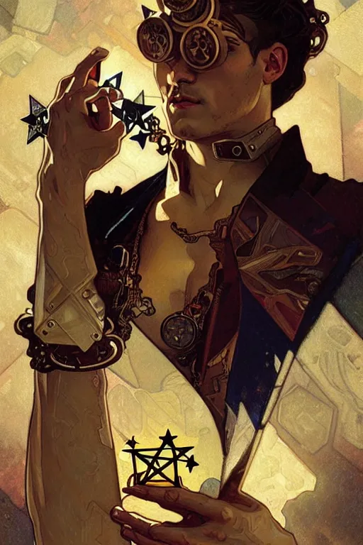 Image similar to a steampunk male holding a star, muscular, tarot art, futurism, painting by greg rutkowski, alphonse mucha