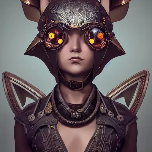 Image similar to ilya kuvshinov, curiosities carnival, soft paint of a single bald beautiful female in a full steampunk armor, rabbit - ear helm, symmetry accurate features, focus, very intricate ultrafine details, award winning masterpiece