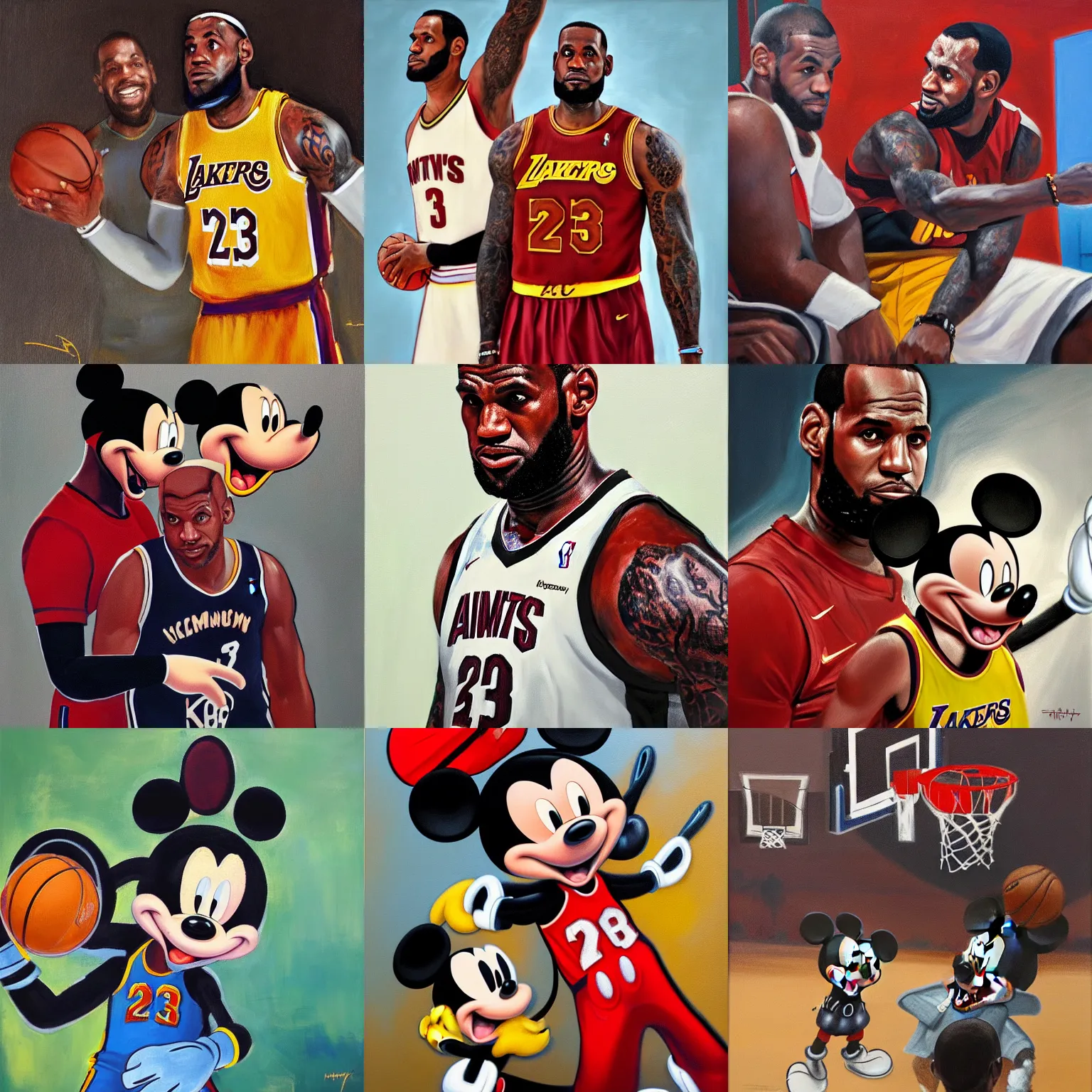 Prompt: portrait of lebron james and mickey mouse showdown, basketball, oil on canvas by william sidney mount, trending on artstation