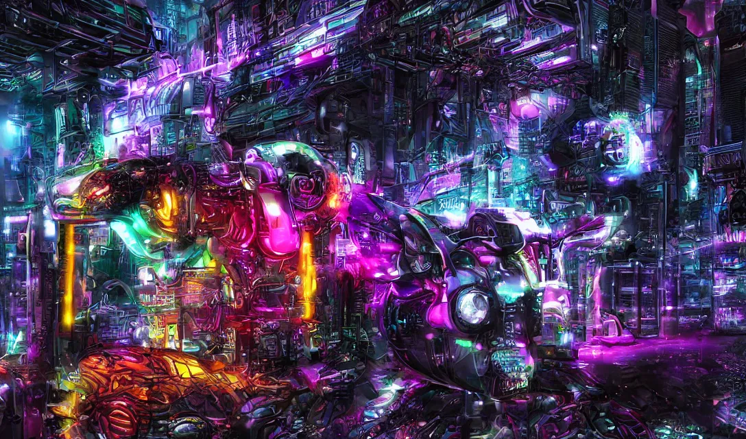 Image similar to complex cyberpunk machine background merged with evil cybernetic goat head in center focus, multicolored digital art