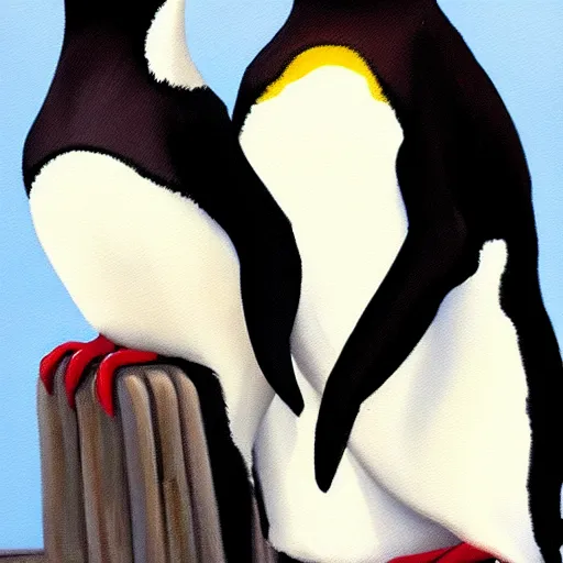 Prompt: oil painting of two penguins in love