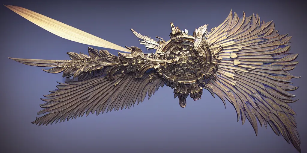Image similar to beautiful physical hyper detailed render of a huge mega moon bow weapon, symmetric, the style of louis comfort tiffany, pascal blanche, zigor samaniego, paul pepera, ellen jewett, weapon design, perfect shadow, mechanics, feather, wing, exquisite, crystal, structure, c 4 d, 3 d render, unreal engines, atmospheric lighting, 4 k hd