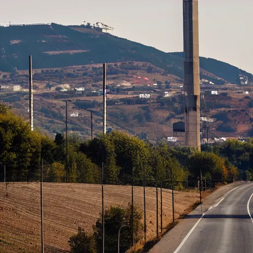 Image similar to a road next to warehouses, and a hill background with a radio tower on top, 3 0 0 mm telephoto lens