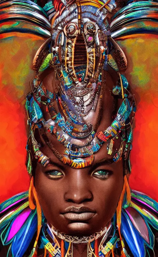 Image similar to upper half portrait digital painting of retro futuristic african tribal chief - embellished with vegetation and iridescent crystals, art by stanley artgem lau, highly detailed, digital painting, concept art, illustration, smooth sharp focus, intricate, symmetry, artstation, colourful,