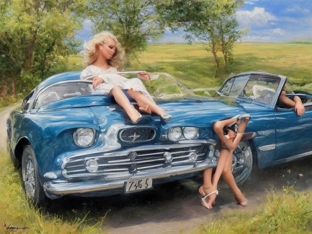 Prompt: 1950 blonde driving à mustang on a country road, Swedish countryside, painting by Vladimir Volegov, masterpiece