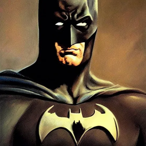 Image similar to an ultra - realistic portrait painting of batman in the style of frank frazetta. 4 k. ultra - realistic. highly detailed. dark fantasy. epic lighting.