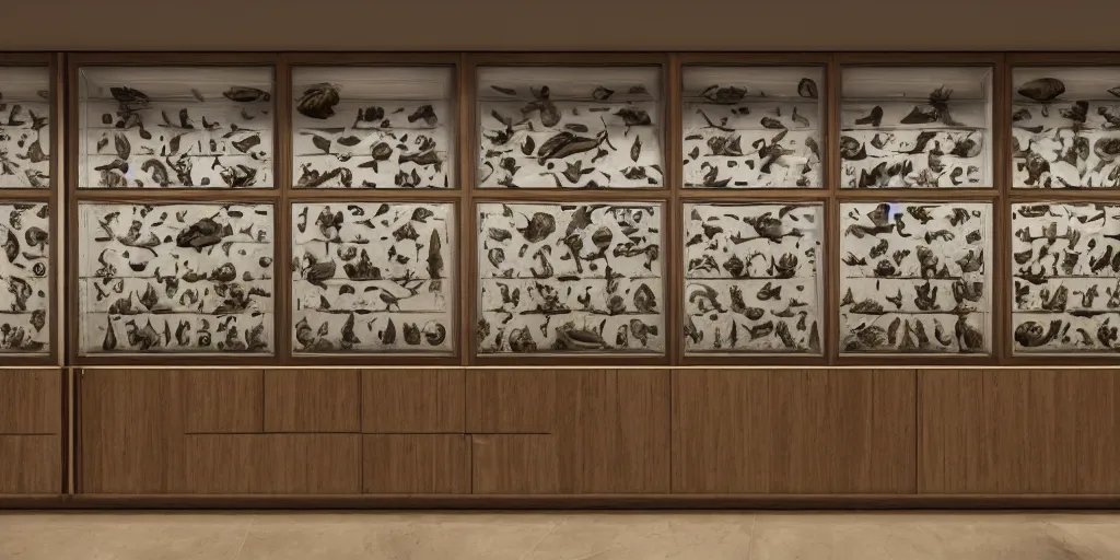 Prompt: Wall full of wooden glass cabinets with fish fossils, by Dali, dramatic lighting, photorealistic, wolumetric lighting, high detail, cinematic feel, wideshot, high octane, 4K, Unreal Engine, digital render, intricate, ultra realistic