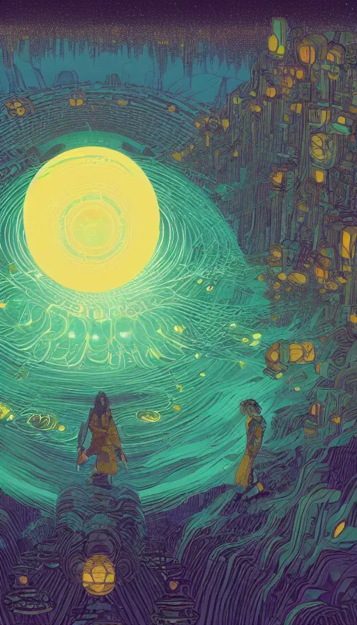 Image similar to the ancient oracle of the luminous fireflies, futurism, dan mumford, victo ngai, kilian eng, da vinci, josan gonzalez