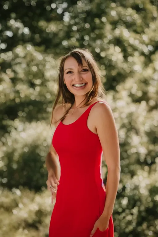 Prompt: photo portrait of a smiling pretty woman in a red sleeveless dress, out of focus, blurry