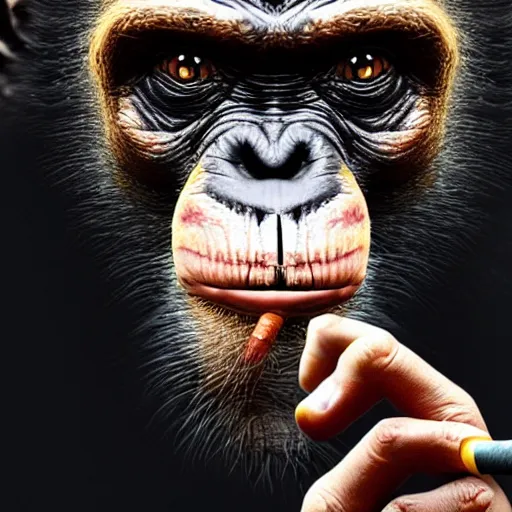 Image similar to a high detail photo of donald trump smoking a cigarrette, subject= chimp, subject detail: extremly detailed, subject action: smoking a cigar, photorealism, dramatic lighting, award winning photograph, trending on artstation