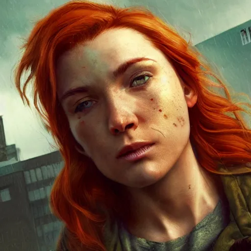 Prompt: fallout 5, charismatic beautiful rugged orange - haired female protagonist, portrait, outdoors ruined cityscape, atmospheric lighting, painted, intricate, volumetric lighting, beautiful, daytime, slight overcast weather, sharp focus, deep colours, ultra detailed, by leesha hannigan, ross tran, thierry doizon, kai carpenter, ignacio fernandez rios